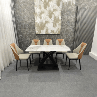 Bàn ăn chân X cong + 6 ghế Spot BA111