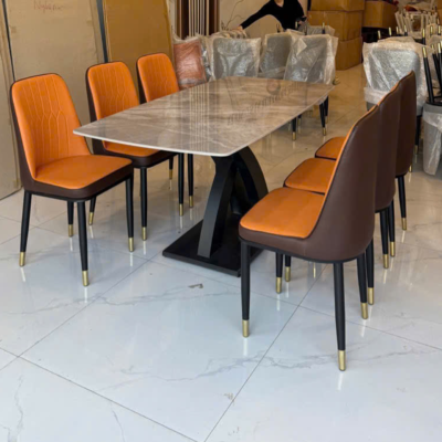 Bàn ăn chân chữ X + 6 ghế Monet màu cam