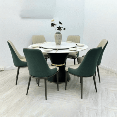 Bàn ăn tròn mặt đá 1m3 + 6 ghế Monet lưng xanh BA48