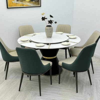 Bàn ăn tròn mặt đá 1m3 + 6 ghế Monet lưng xanh BA48