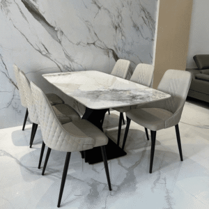 Bộ bàn ăn mặt đá ceramic 6 ghế màu kem