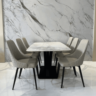 Bộ bàn ăn mặt đá ceramic 6 ghế màu kem