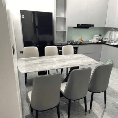 Bàn ăn chân U cong 1m6 + 6 ghế Monet màu ghi nhạt BA124