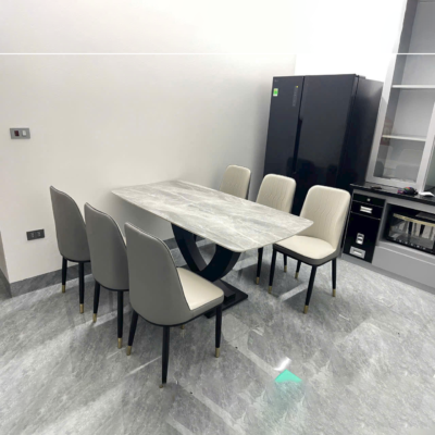 Bàn ăn chân U cong 1m6 + 6 ghế Monet màu ghi nhạt BA124