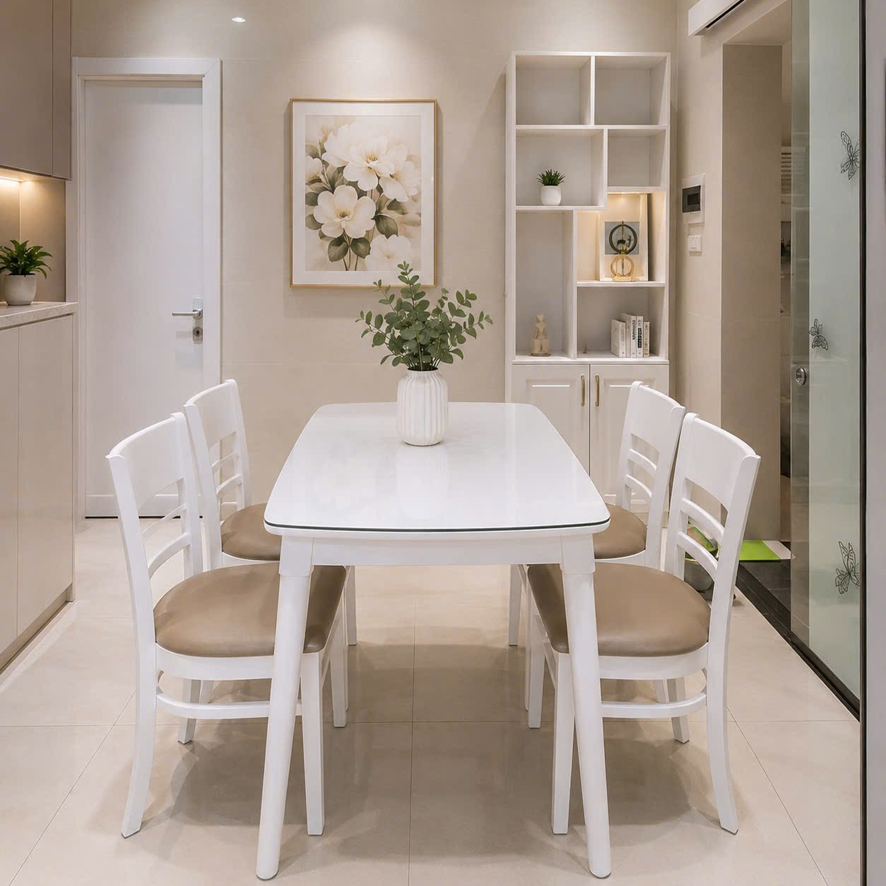 Bàn ăn 1m2 + 4 ghế Cabin màu trắng BA34